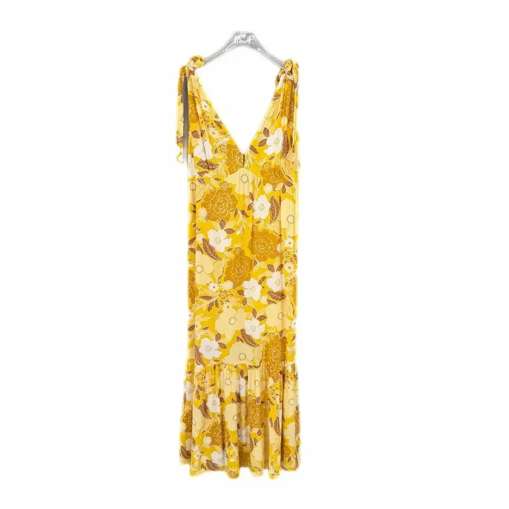 Abercrombie & Fitch Bright Yellow Crepe Tie Shoulder V-neck Flowing Maxi Dress